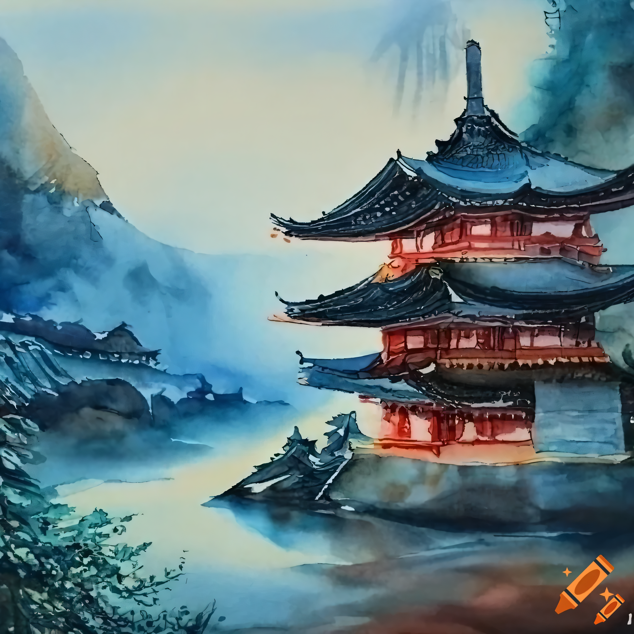 ancient japan mountain landscape watercolor